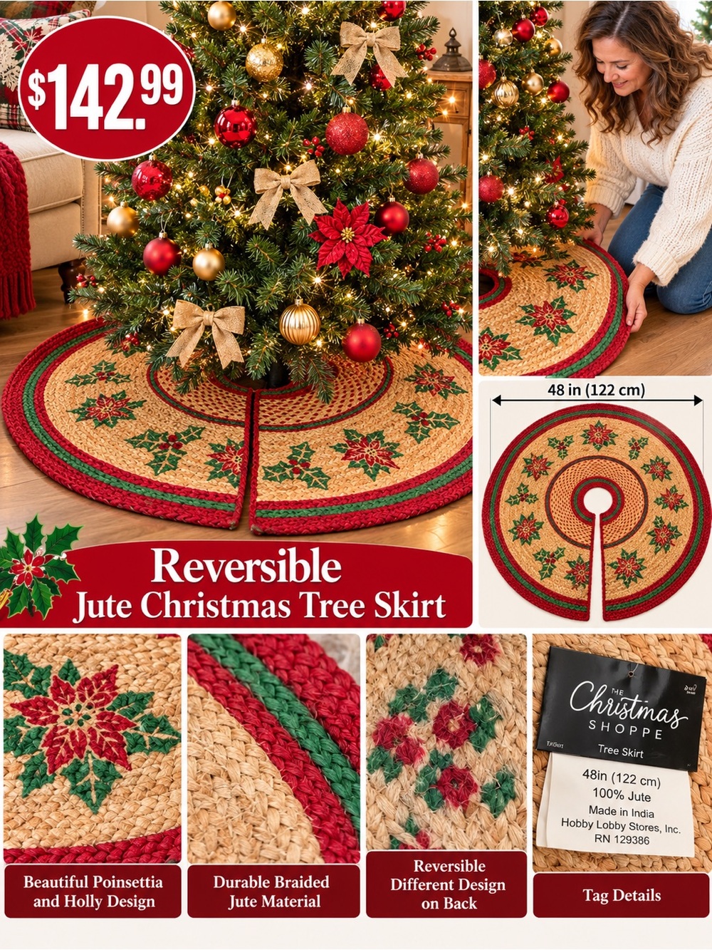 Reversible Jute Tree Skirt - Red, Green & Natural
